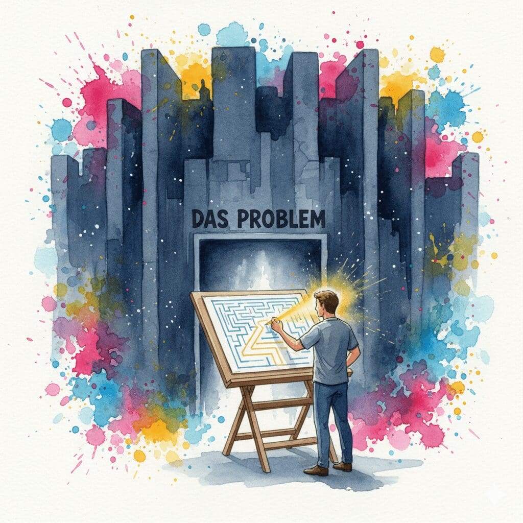 Eine Person zeichnet eine Karte, um durch ein Labyrinth zu kommen. Symbol für die Planung und Strategie des strukturierten Problemlösens.