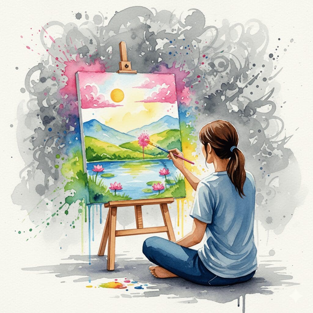 Eine Person malt ihre eigene bunte Welt und ignoriert das Chaos hinter sich. Symbol für die radikale Selbstfürsorge und das Setzen eigener Ziele.