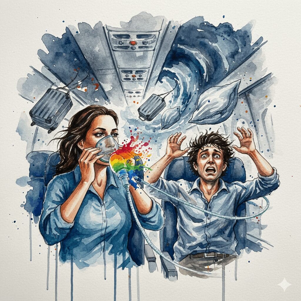 Eine Person setzt sich im Flugzeug zuerst selbst die Sauerstoffmaske auf. Symbol für die lebensrettende Notwendigkeit der Selbstfürsorge für Angehörige.