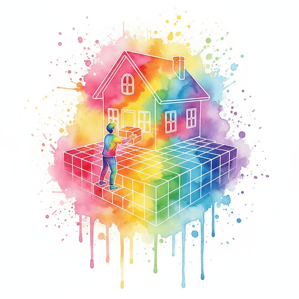 Ein Haus wird auf einem Fundament aus leuchtenden Datenbalken gebaut. Symbol für die wissenschaftliche Evidenz der CRAFT-Methode.