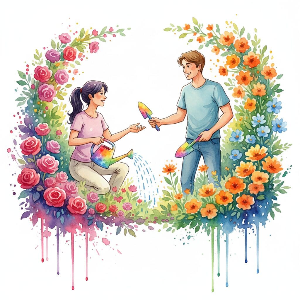 Zwei Gärtner kümmern sich um ihre eigenen Beete, aber unterstützen sich gegenseitig. Symbol für die neue, gesunde Beziehungsdynamik.