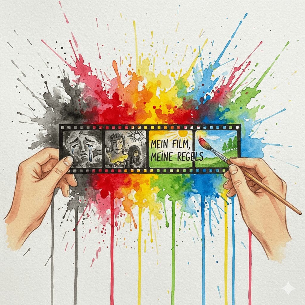 Eine Person, die ihren eigenen, traurigen Lebens-Film mit bunten, hoffnungsvollen Farben übermalt, als Symbol für die Selbstbestimmung in der Recovery.