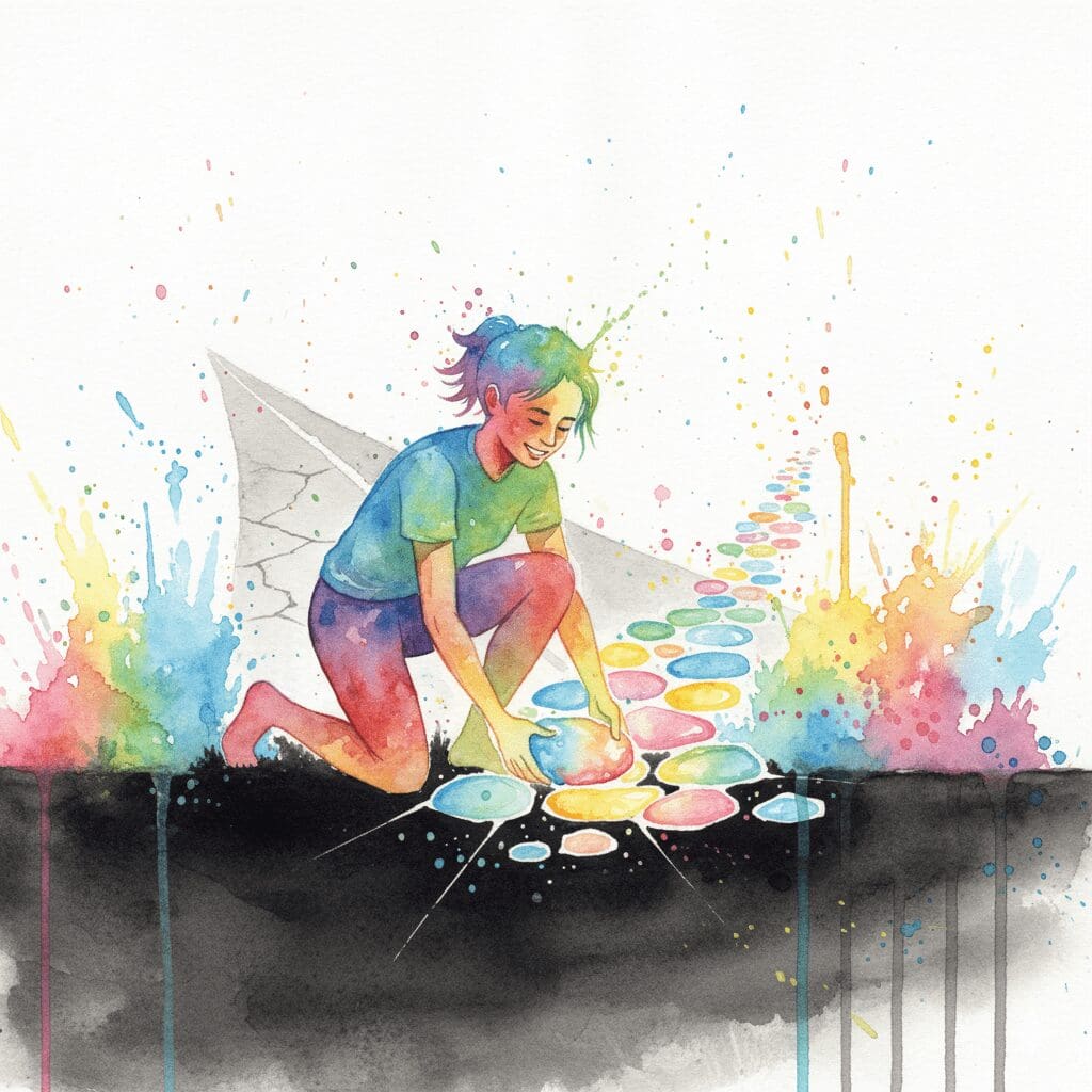 Eine Person, die ihren eigenen, bunten Weg Stein für Stein baut, als Symbol für einen selbstbestimmten und individuellen Genesungsweg.