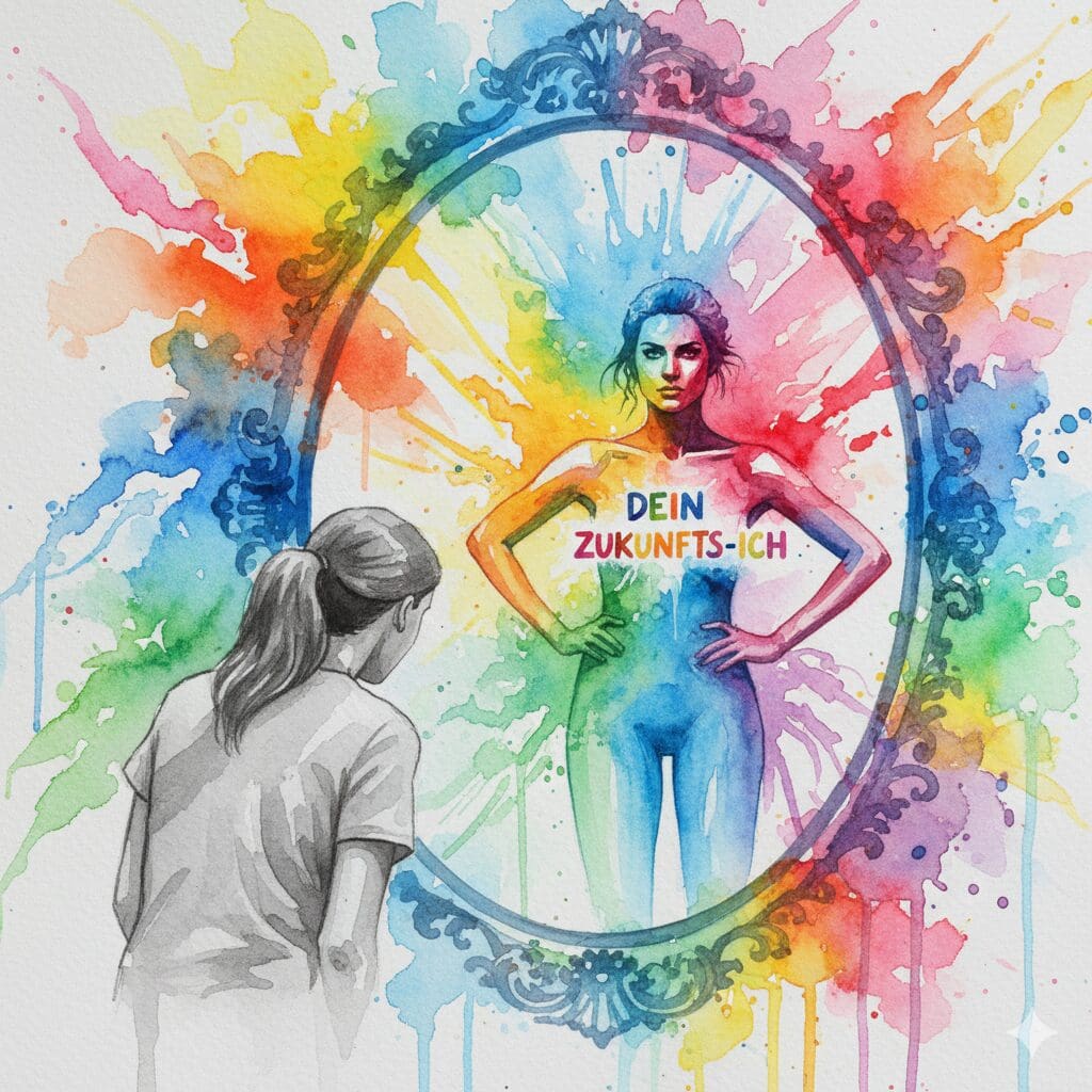 Eine unsichere Person blickt in einen Spiegel und sieht ihr starkes, zukünftiges Ich, als Symbol für die Kraft der Visualisierung.