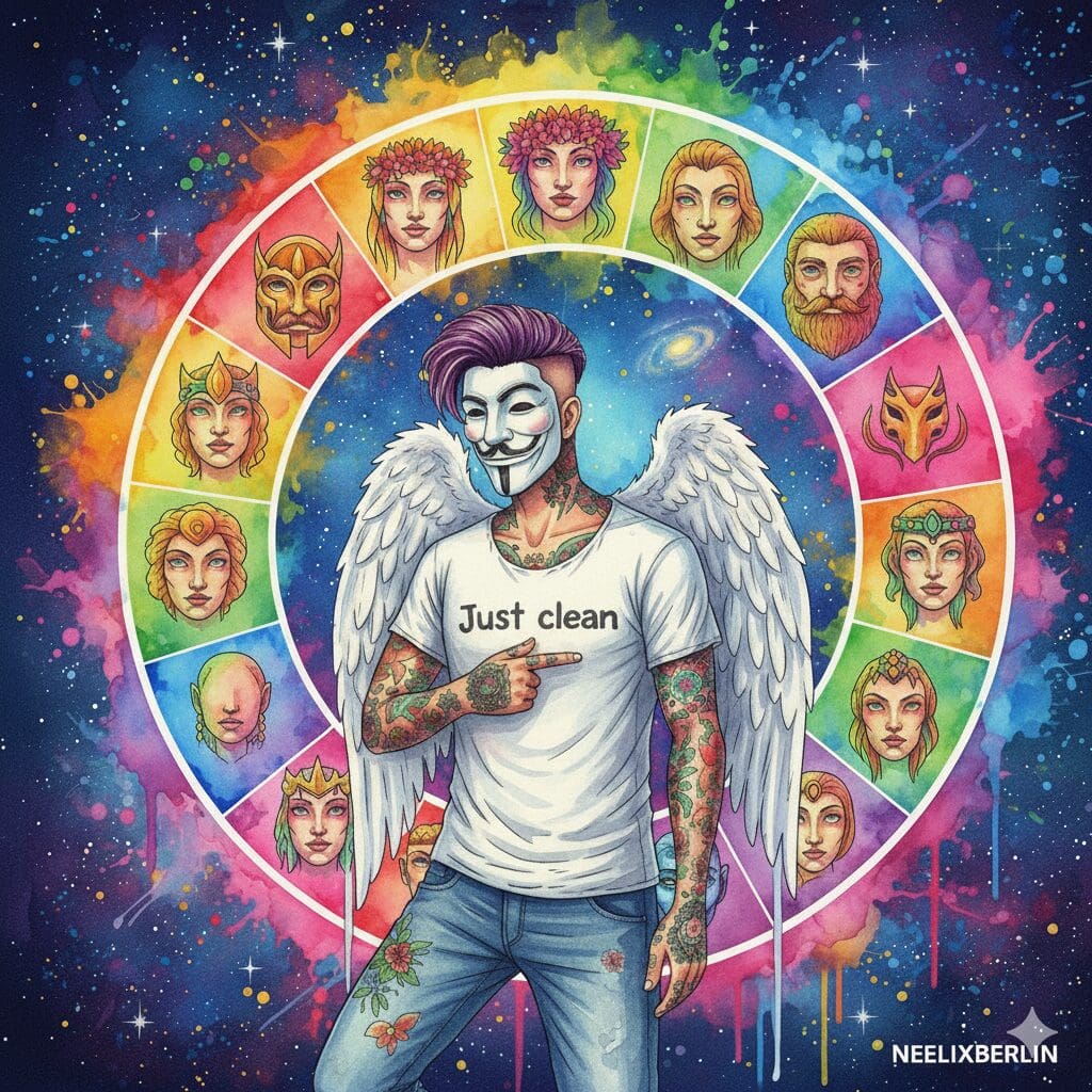 Die NeelixberliN-Figur im Zentrum eines Kreises aus 12 archetypischen Gesichtern, als Symbol für die 12 astrologischen Archetypen, die in jedem Menschen leben.