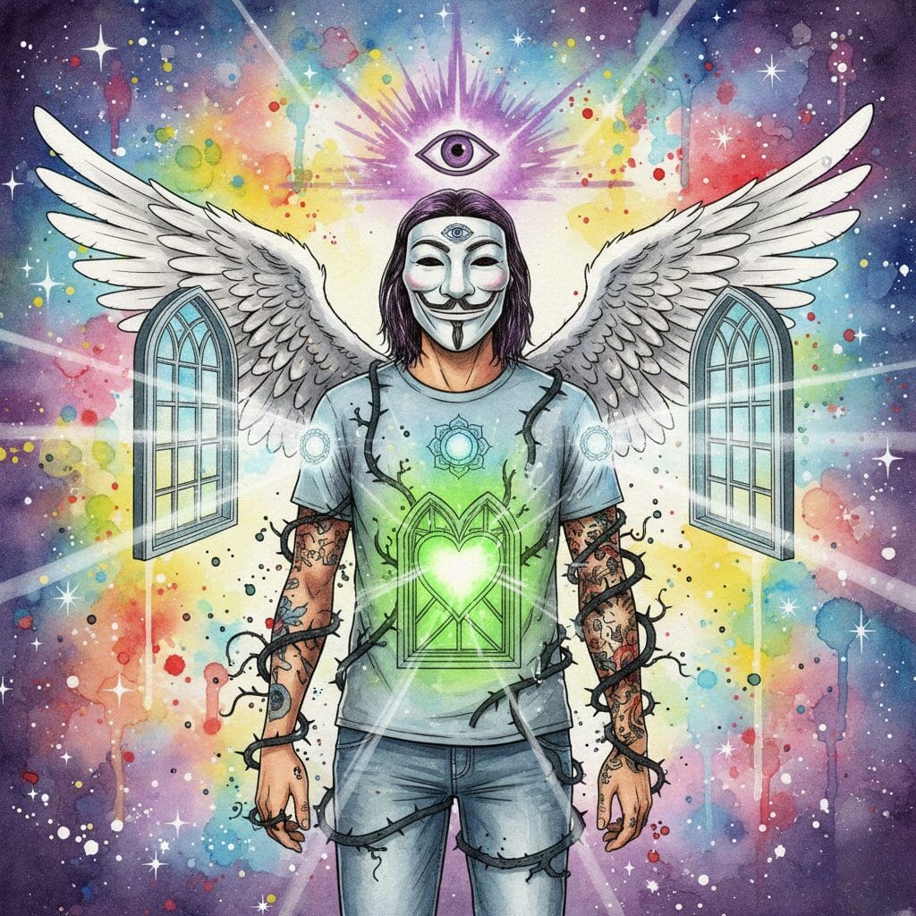 Die oberen vier Chakren der NeelixberliN-Figur sind als leuchtende, weit geöffnete Fenster dargestellt, aus denen helles Licht strömt. Symbol für Heilung und Öffnung in der Recovery.