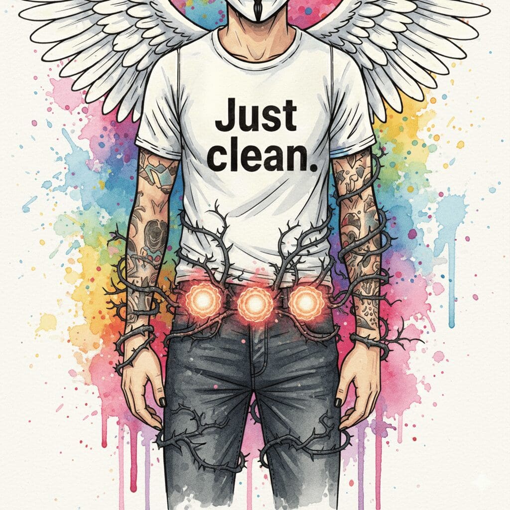 Die unteren drei Chakren der NeelixberliN-Figur sind als durchgebrannte Sicherungen dargestellt, umschlungen von Sucht-Ranken. Symbol für die Blockade der Grundbedürfnisse durch Sucht.