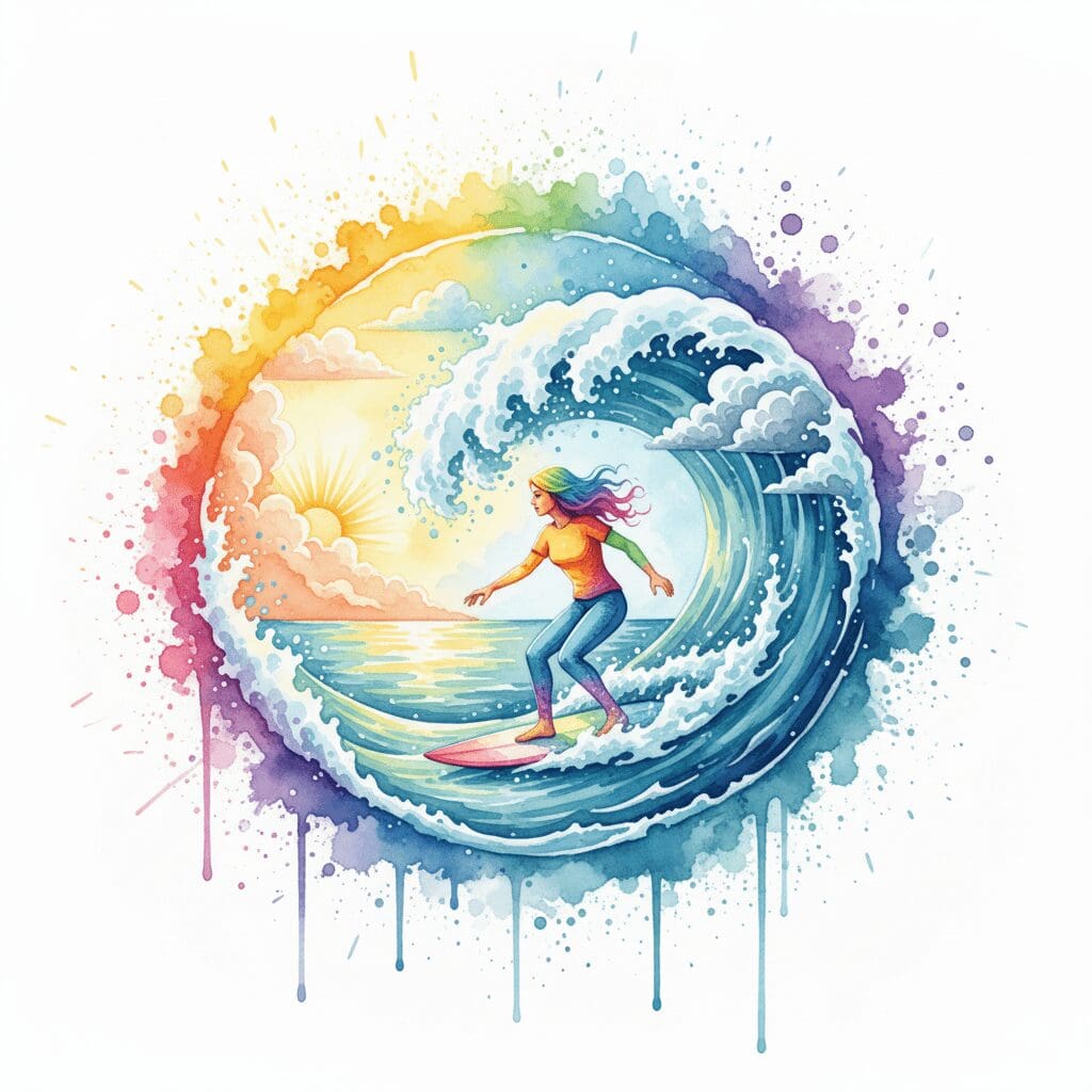 Die NeelixberliN-Figur als Surfer auf der Welle des Lebens, als Symbol für die Akzeptanz des Gesetzes des Rhythmus.