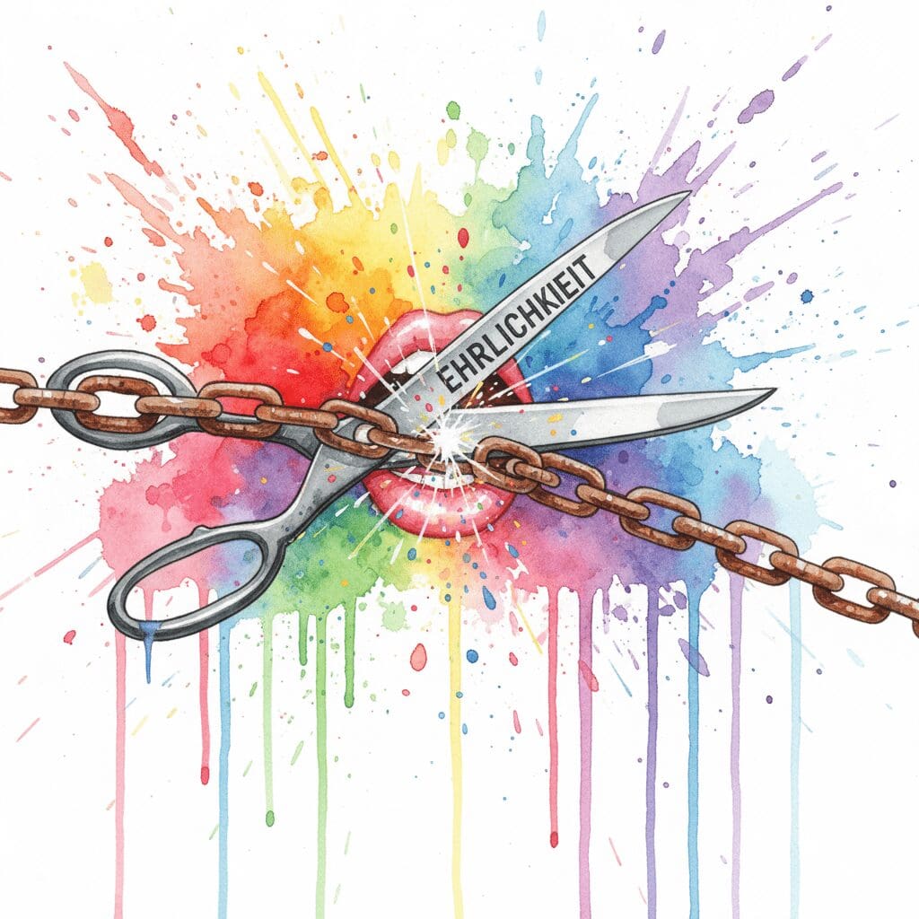 Eine Schere mit der Aufschrift "EHRLICHKEIT" durchtrennt Ketten vor einem Mund. Symbol für das geheilte Halschakra und die Befreiung durch radikale Ehrlichkeit.