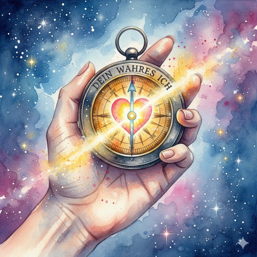 Ein leuchtender Kompass, dessen Nadel auf ein Herz zeigt. Symbol für den "Seelenplan" und die innere Wahrheit in der Recovery.
