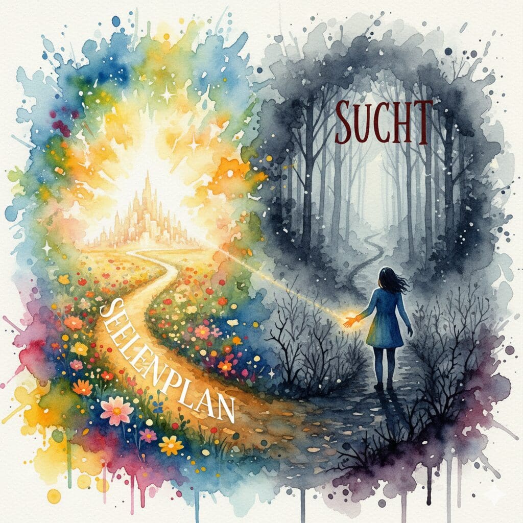 Eine Person an einer Weggabelung, die sich vom dunklen Pfad der Sucht ab- und dem hellen Weg des "Seelenplans" zuwendet.