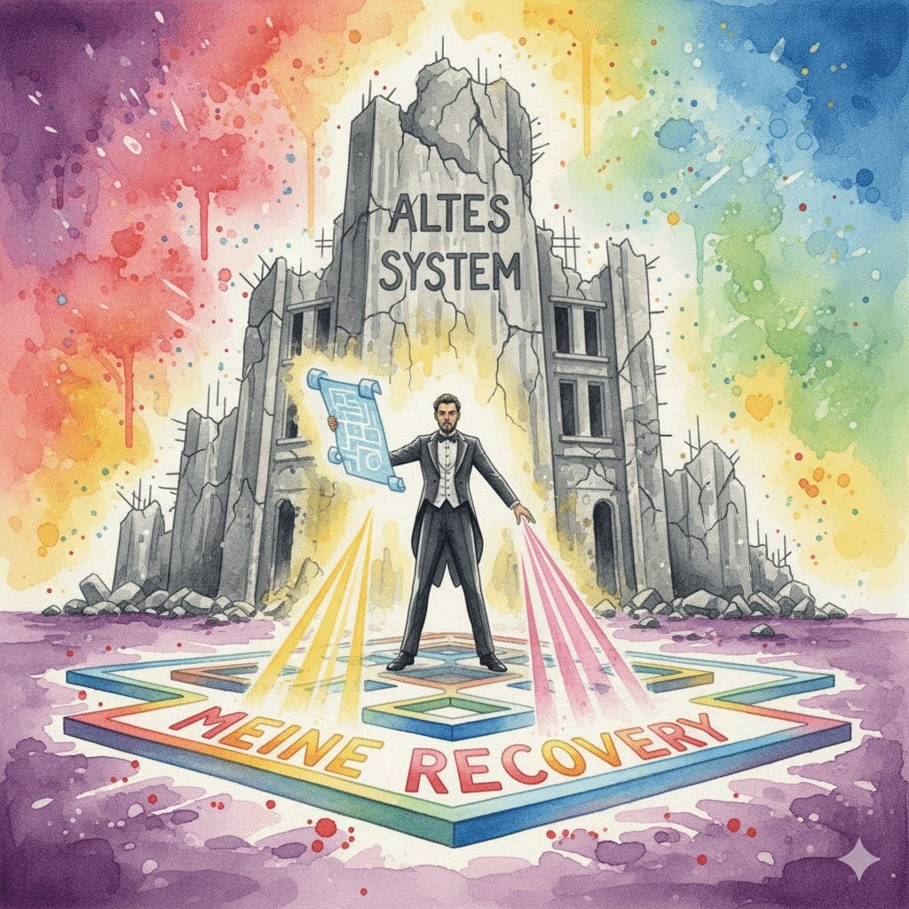 Die NeelixberliN-Figur als Architekt, der auf den Trümmern des alten Systems seine eigene, neue Recovery baut.