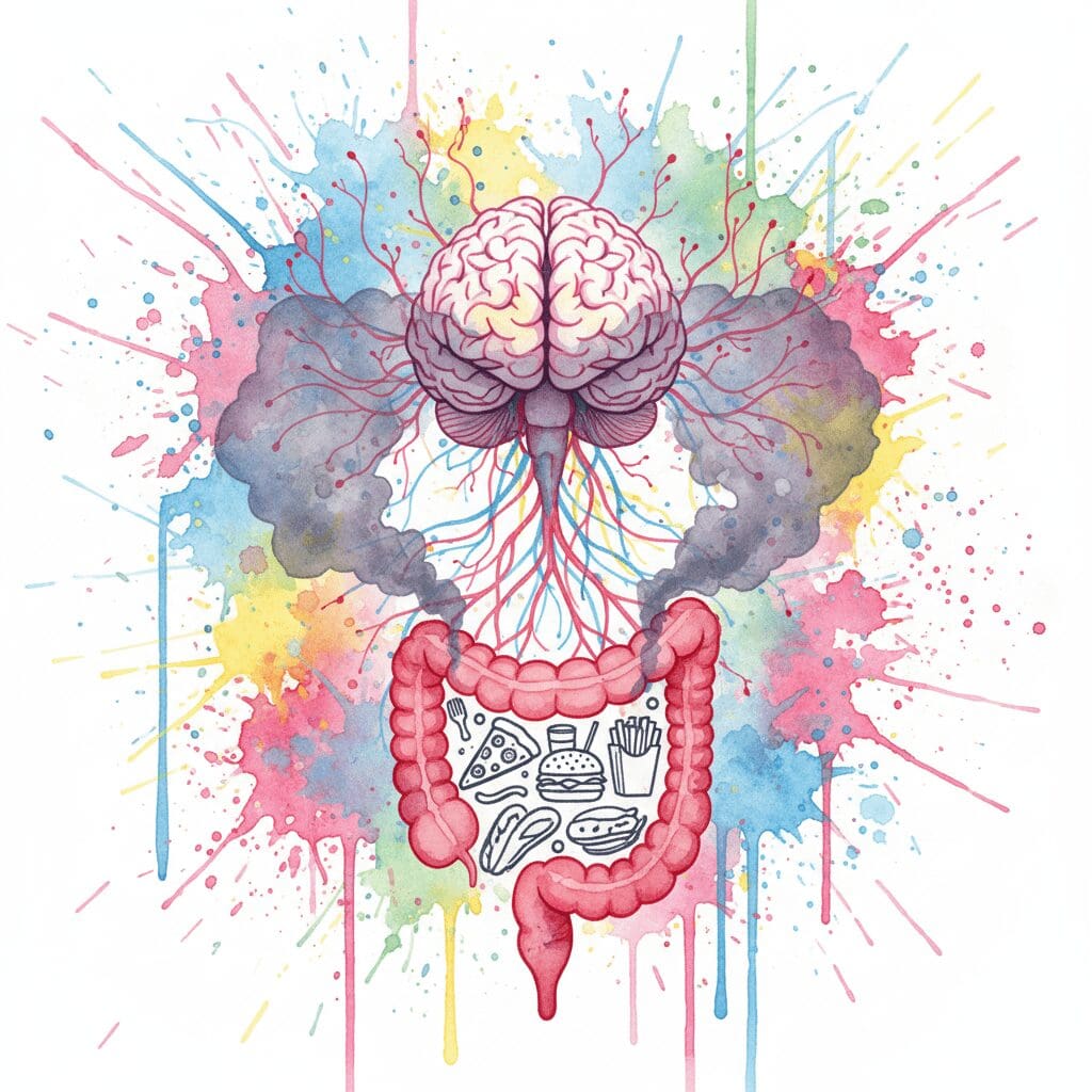 Das Gehirn und der Darm sind durch leuchtende Nervenbahnen verbunden. Ungesundes Essen im Darm erzeugt einen "Nebel" im Gehirn. Symbol für die Darm-Hirn-Achse.