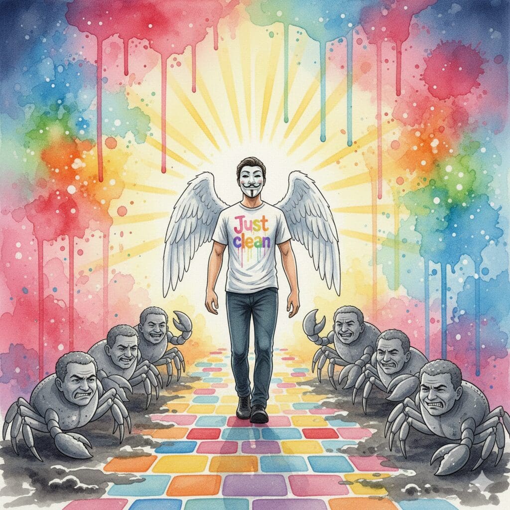 Die NeelixberliN-Figur verlässt eine Gruppe von negativen Menschen und geht ihren eigenen, sonnigen Weg. Symbol für die Befreiung von toxischen "Helfern".