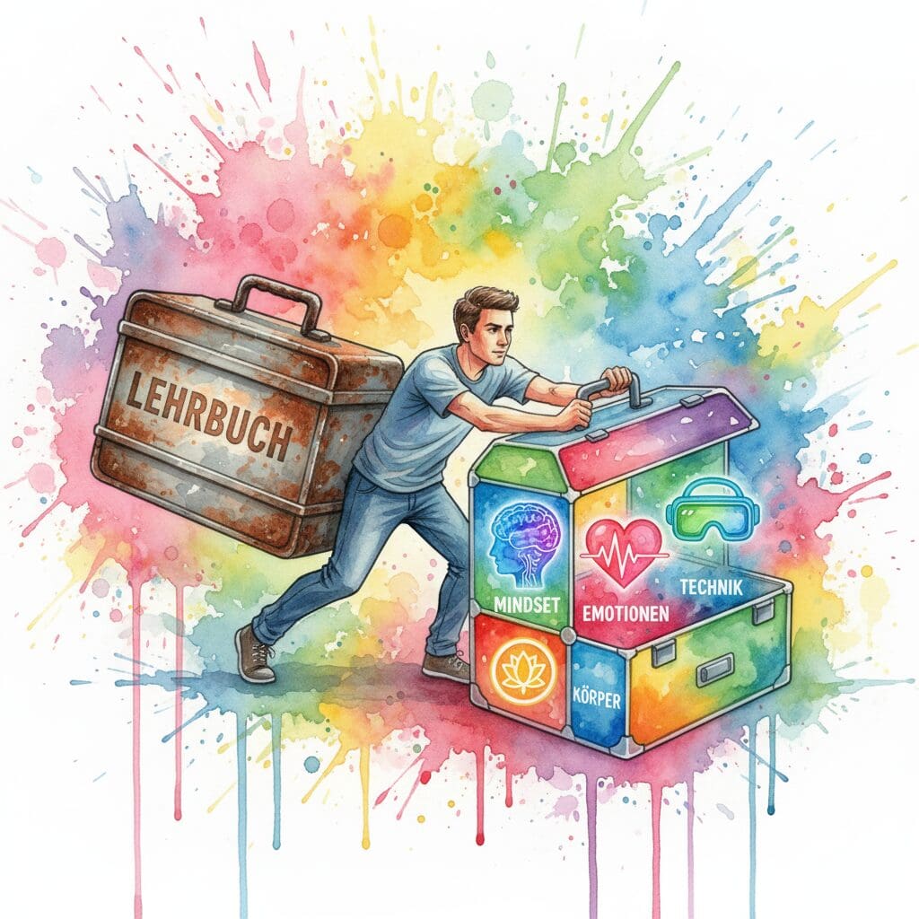 Eine Person baut sich einen eigenen, modernen Werkzeugkasten zusammen, statt den alten "Lehrbuch"-Kasten zu nehmen. Symbol für einen individuellen Recovery-Weg.