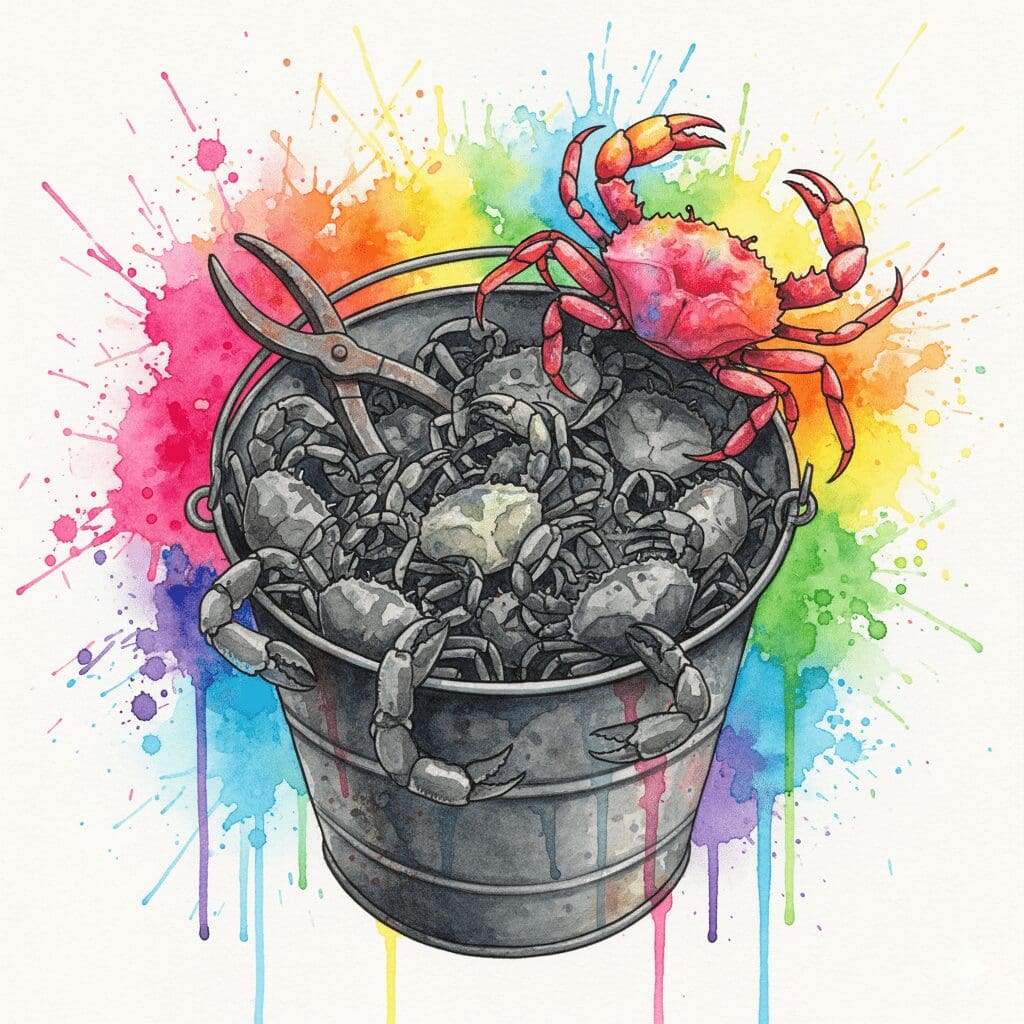 Ein Eimer voller Krabben, die eine leuchtende Krabbe daran hindern zu entkommen. Symbol für die "Krabben-Eimer-Mentalität" in der Recovery.