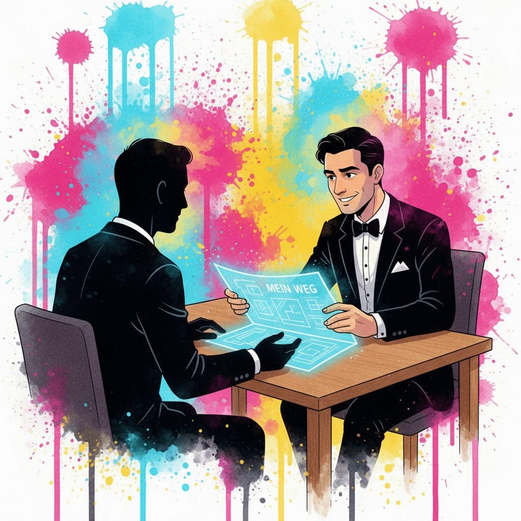 Die NeelixberliN-Figur als mündiger Patient, der in der Therapie seinen eigenen Plan vorlegt. Symbol für Selbstverantwortung im Suchthilfesystem.