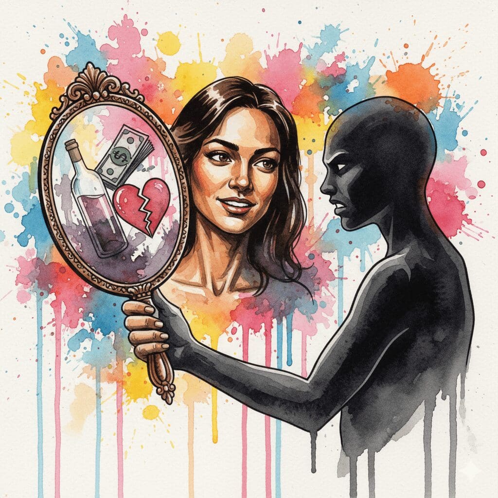 Ein Spiegel reflektiert die ungesehenen Probleme einer Person, die sich wütend abwendet. Symbol für den Spiegel-Effekt, den erfolgreiche Recovery auf andere hat.