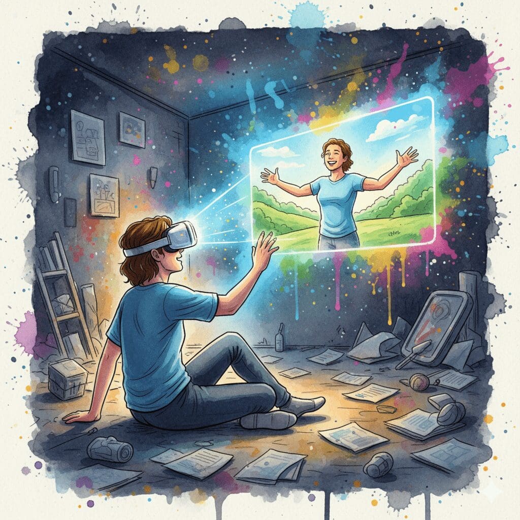 Eine Person in einem dunklen Raum sieht durch eine VR-Brille ihr glückliches Zukunfts-Ich. Symbol für die Kraft der VR-Therapie in der Recovery.