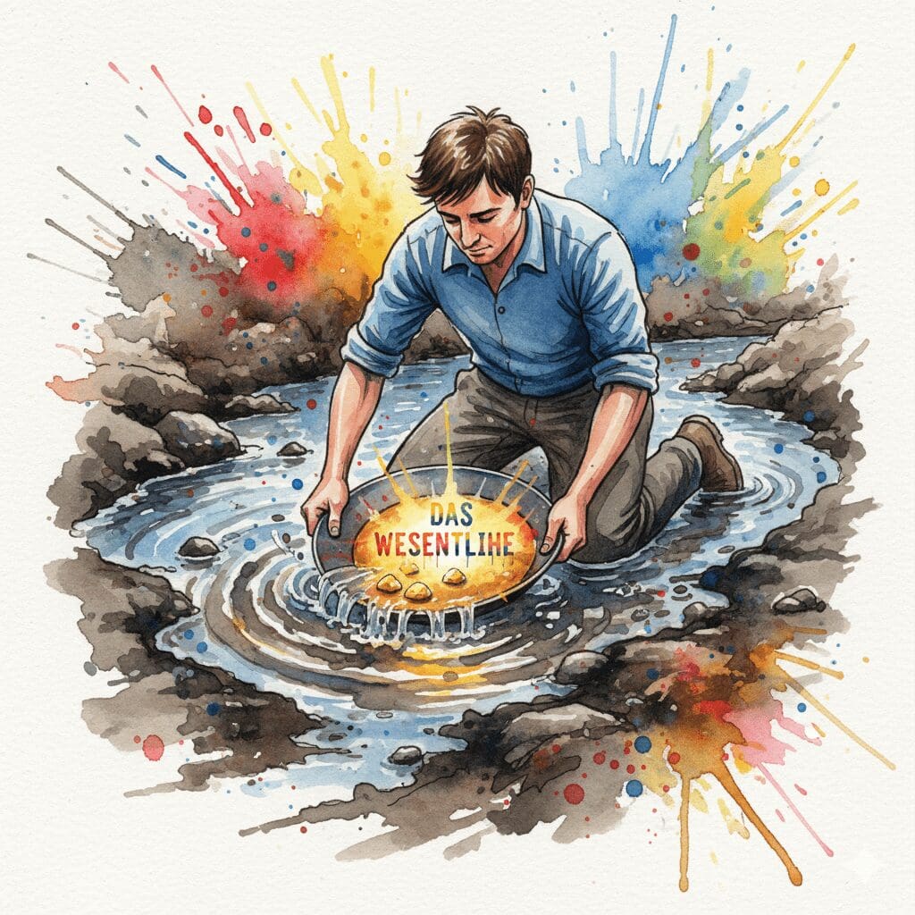 Eine Person, die Goldnuggets aus Schlamm wäscht, als Symbol für das Extrahieren der nützlichen Werkzeuge aus umstrittenen Konzepten wie "The Secret".