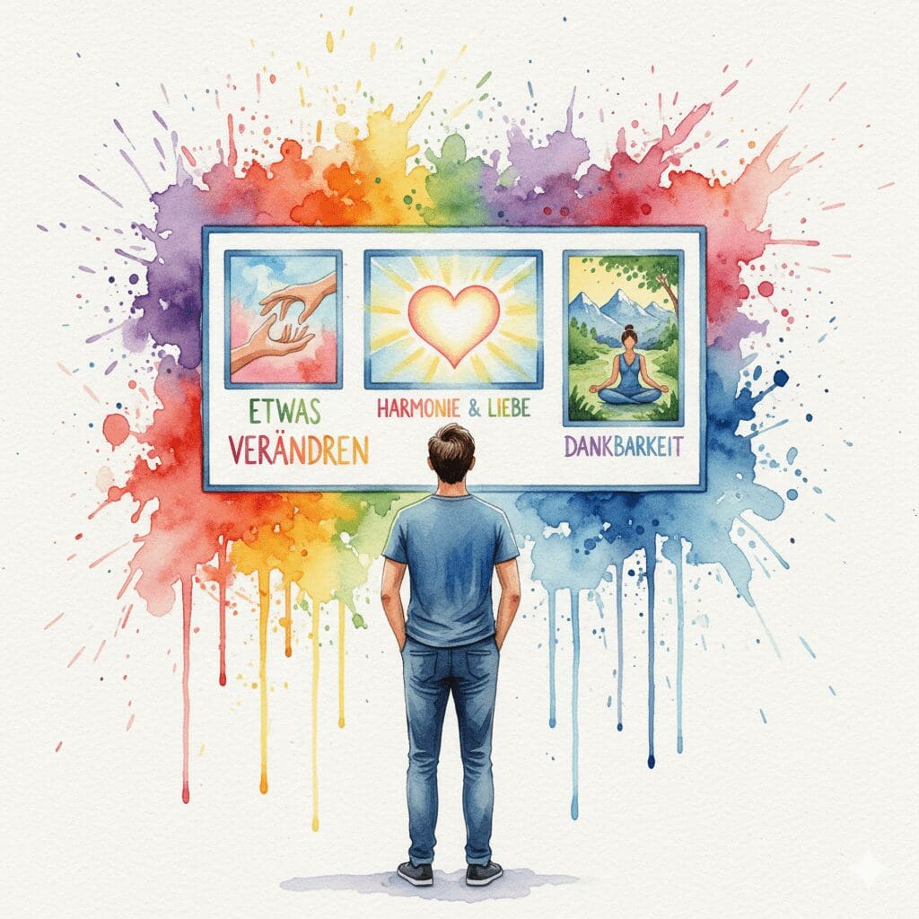 Ein Vision-Board mit reifen, immateriellen Zielen wie Dankbarkeit und Harmonie, als Symbol für eine geerdete Anwendung von Visualisierung in der Recovery.