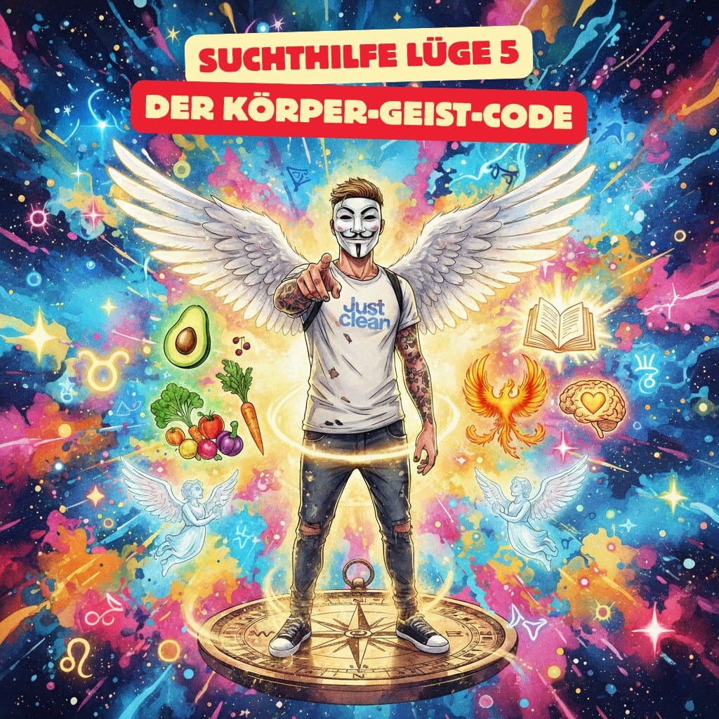 Titelbild für "Der Körper-Geist-Code". Die NeelixberliN-Figur ist umgeben von Symbolen für gesunde Ernährung und Sinnfindung, umgeben von einem leuchtenden, mystischen Watercolor-Hintergrund.