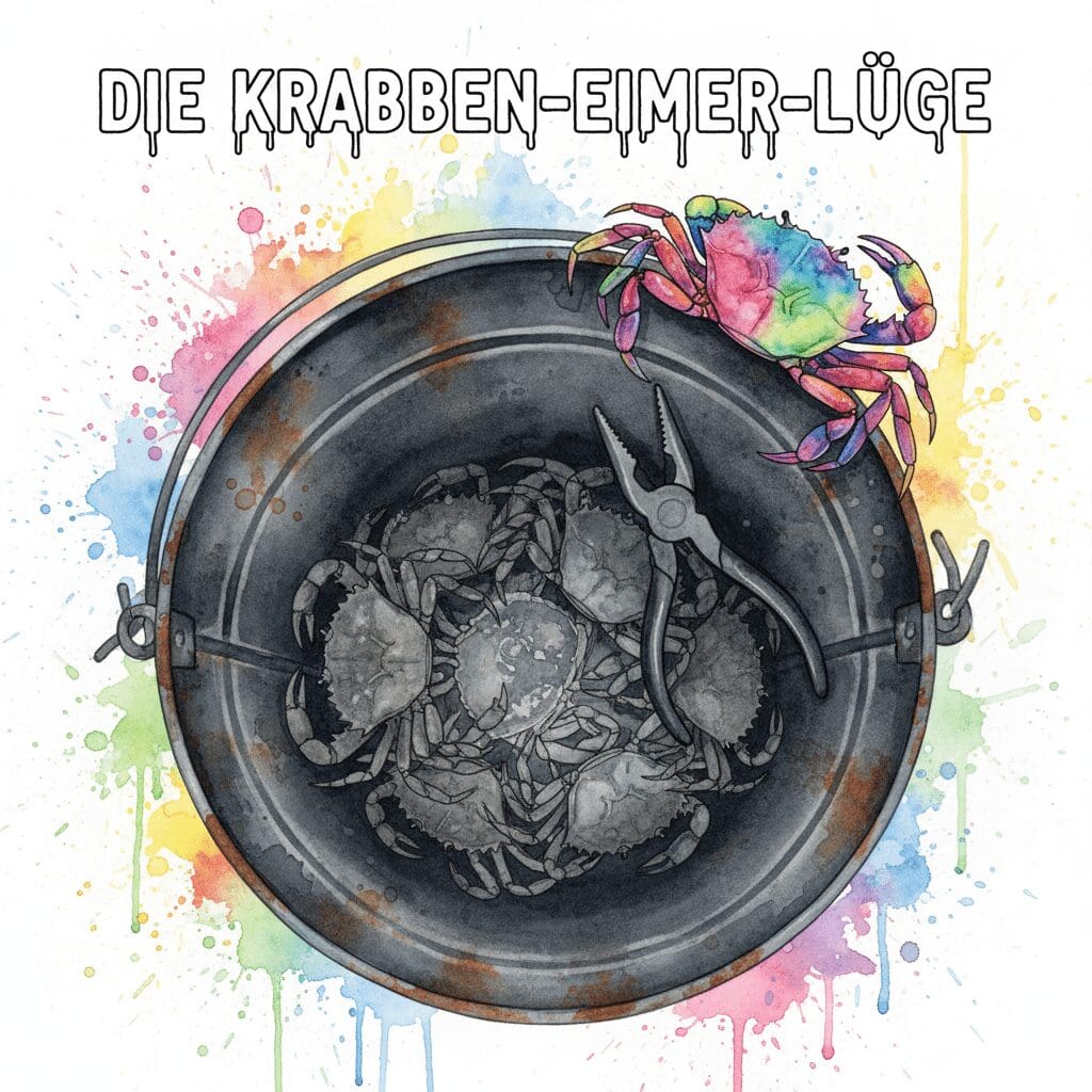 Titelbild für "Die Krabben-Eimer-Lüge". Eine bunte Krabbe klettert aus einem dunklen Eimer, während eine Zange sie zurückzieht. Symbol für Sabotage in der Sucht-Recovery.