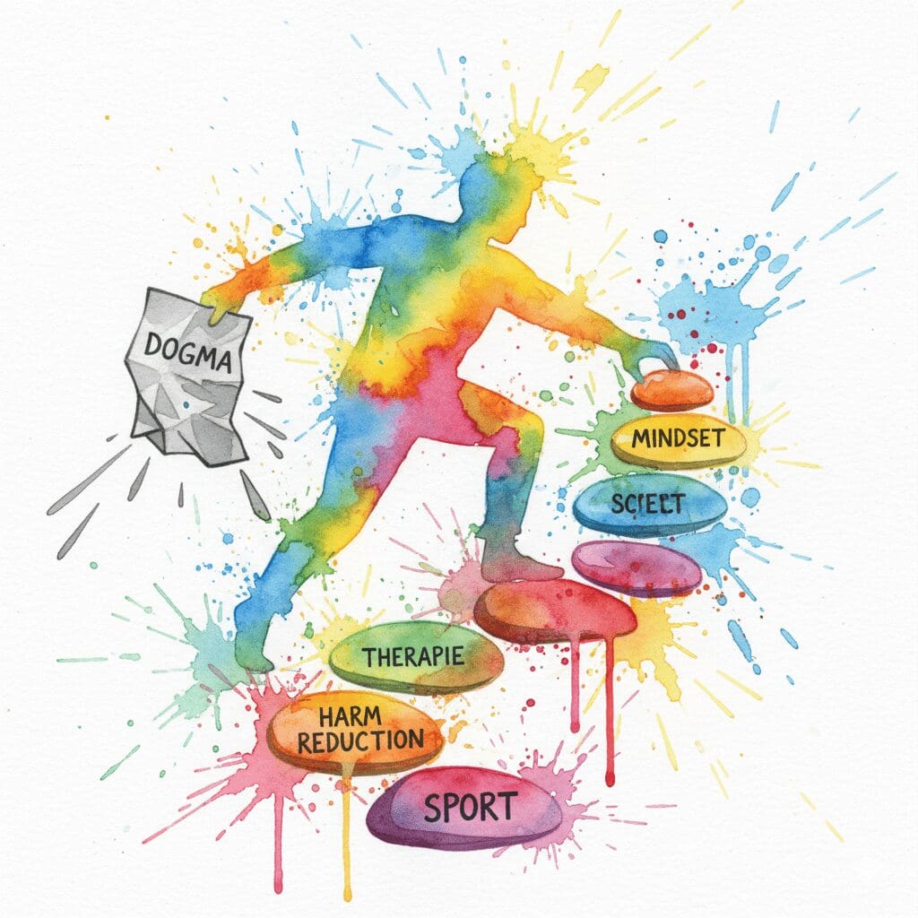 Eine Person wirft einen "Dogma"-Bauplan weg und baut ihren eigenen Weg aus verschiedenen Werkzeugen. Symbol für einen individuellen Recovery-Weg.