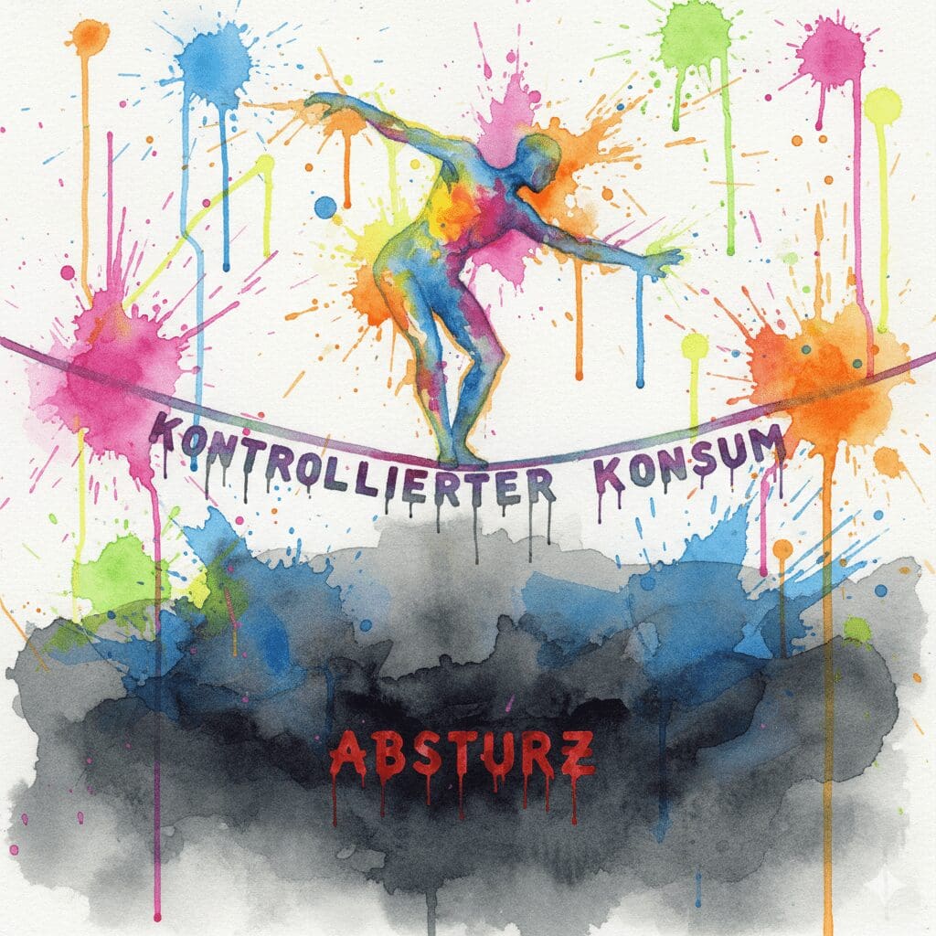 Eine Person balanciert auf einem Drahtseil ("Kontrollierter Konsum") über einem Abgrund. Symbol für die gefährliche Illusion des KK.