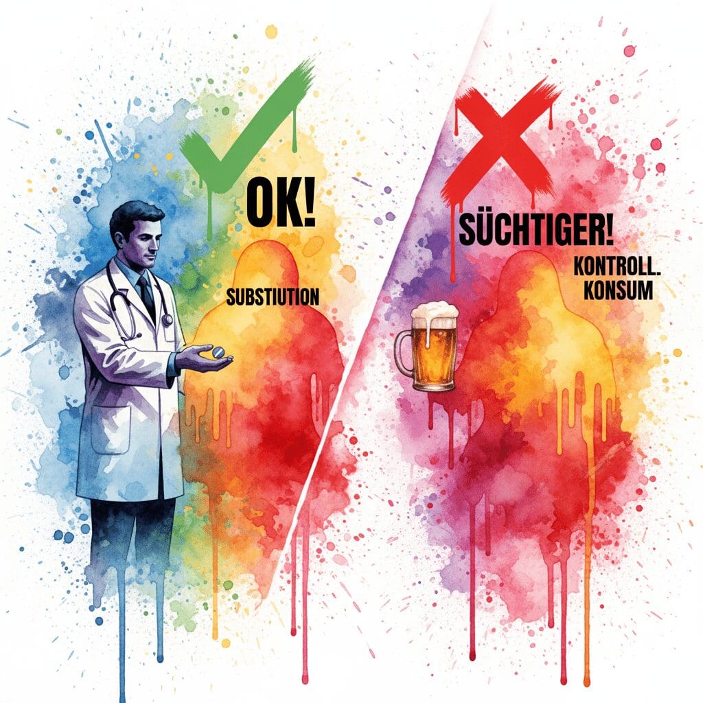 Geteiltes Bild: Links ist Substitution (Pille vom Arzt) "OK". Rechts ist Kontrollierter Konsum (Bier) "FALSCH". Symbol für die Heuchelei des Suchthilfesystems.