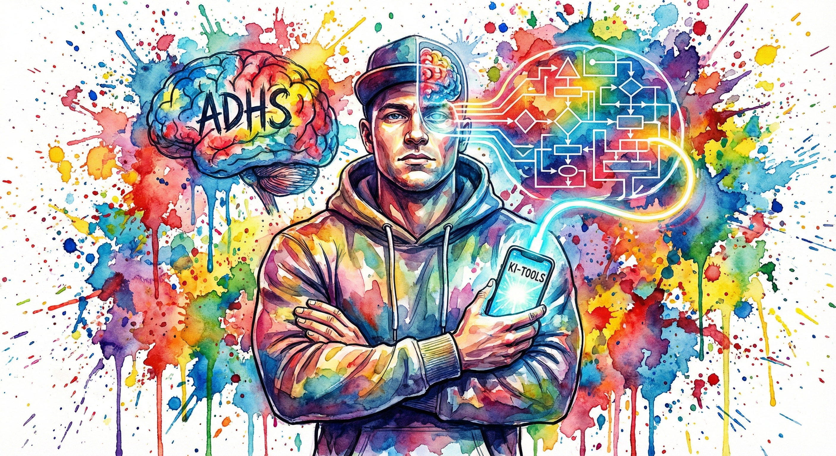Die NeelixberliN-Figur nutzt KI-Tools, um das Chaos im ADHS-Gehirn zu strukturieren. Symbol für technische Hilfsmittel statt Drogen.