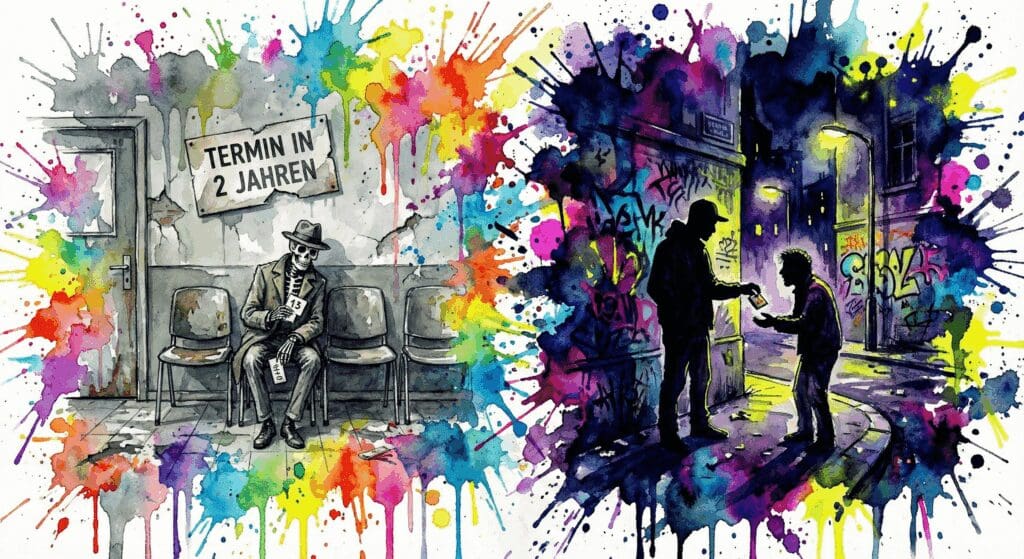 Links wartet ein Patient jahrelang auf einen Arzttermin, rechts bekommt er sofort Drogen vom Dealer. Symbol für das Versagen der ADHS-Versorgung.