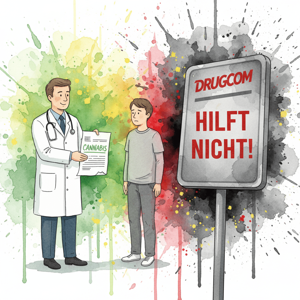 Links verschreibt ein Arzt Cannabis, rechts warnt ein Drugcom-Schild davor. Symbol für die widersprüchliche Drogenpolitik.