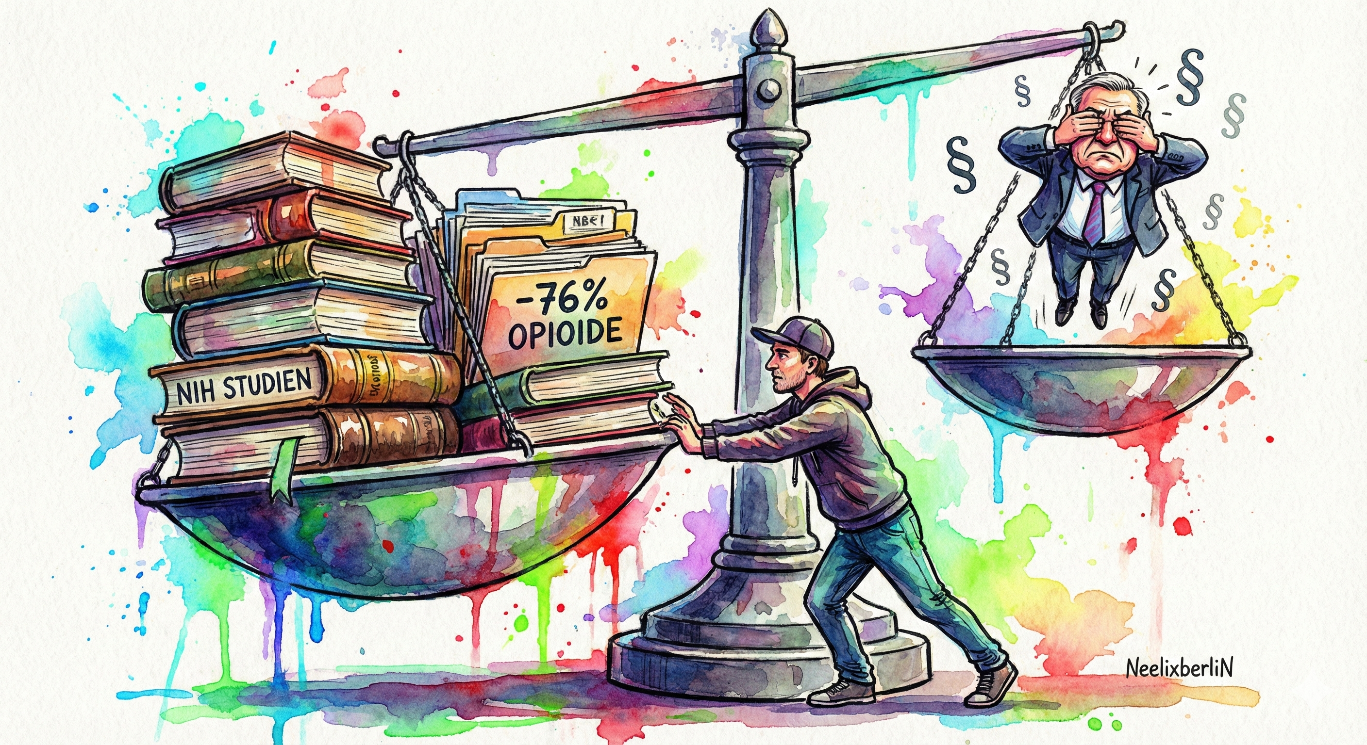 Eine Waage zeigt: Wissenschaftliche Studien zur Cannabis-Substitution wiegen schwer, werden aber von der Politik ignoriert.