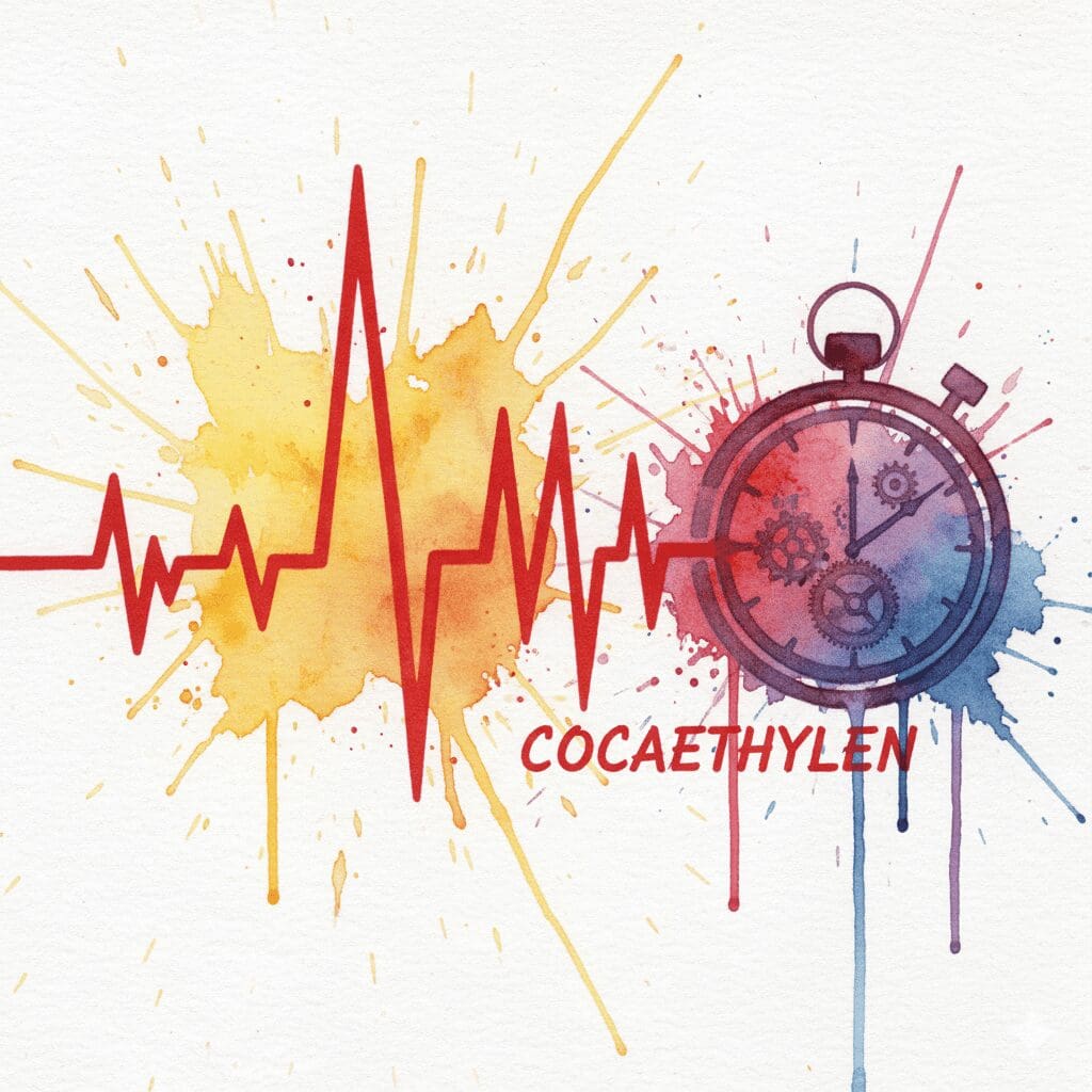 Grafische Darstellung, die zeigt, dass die Herzbelastung durch Cocaethylen viel länger anhält als der eigentliche Kokain-Rausch.