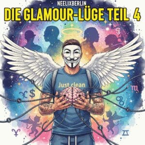 Titelbild "DIE GLAMOUR-LÜGE TEIL 4". Die NeelixberliN-Figur hält ein Gehirn, das von digitalen Kabeln mit Drogen- und Dollar-Symbolen gehackt wird, während im Hintergrund Rapper-Silhouetten zu sehen sind. Symbol für psychologische Manipulation durch Medien.