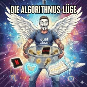 Titelbild "DIE GLAMOUR-LÜGE TEIL 5". Die NeelixberliN-Figur hält einen Filter, der glamouröse Medien-Symbole (Netflix) durchlässt, aber "Echte Hilfe" (Herz) blockiert. Symbol für die Algorithmus-Lüge.