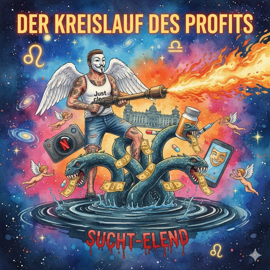 Titelbild "DIE GLAMOUR-LÜGE TEIL 6". Die NeelixberliN-Figur kämpft mit einem Flammenwerfer gegen eine Hydra des Profits (Medien, Politik, Pharma, Influencer), die aus einem Sumpf aufsteigt.