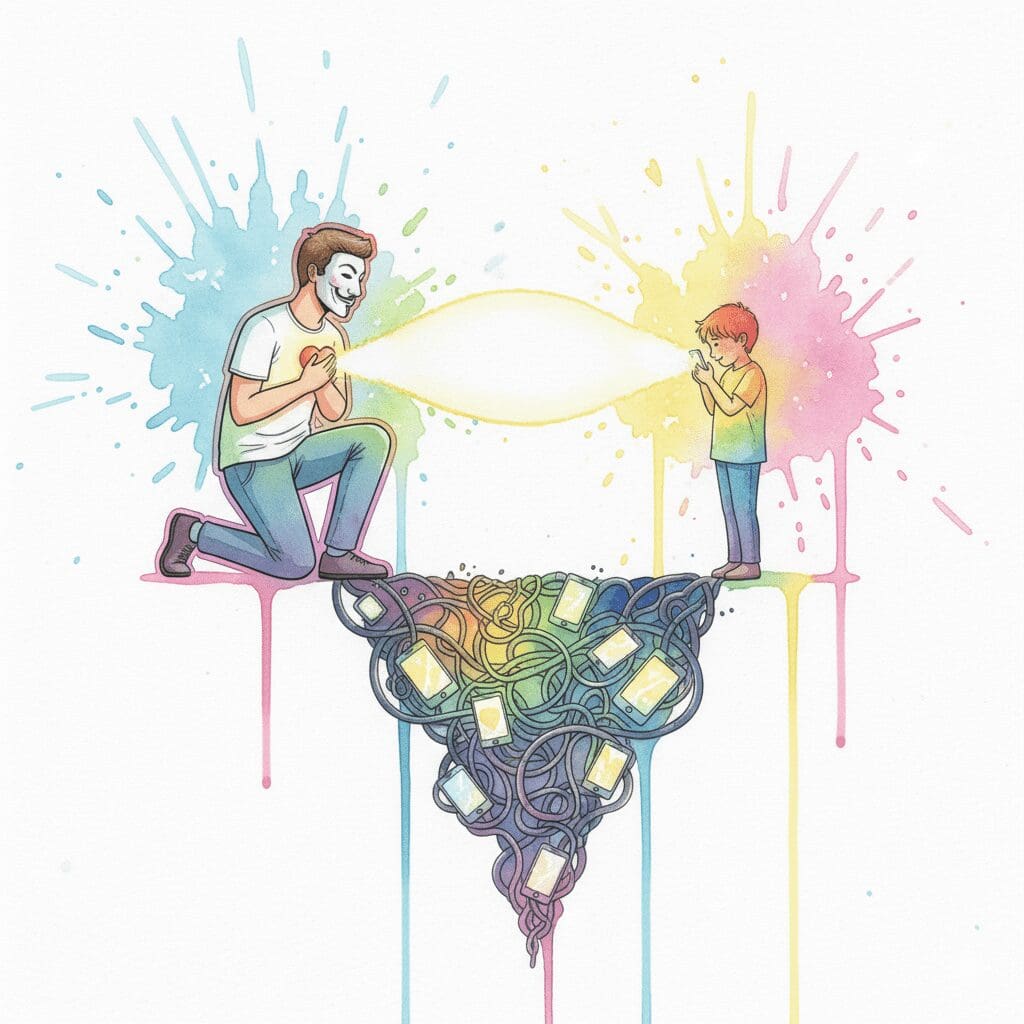 Ein Elternteil baut durch eine Geste der Ehrlichkeit eine Brücke zum Kind über den digitalen Graben. Symbol für Verbindung vor Korrektur.