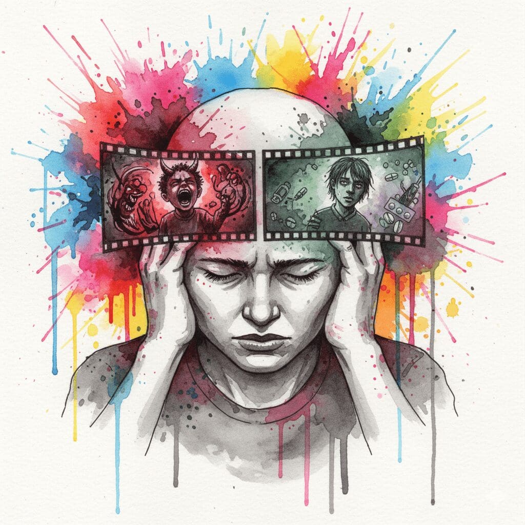 Ein Elternteil, der sich einen Horrorfilm über die Zukunft seines Kindes vorstellt. Symbol für die Mangel-Visualisierung und "falsche Bestellung" bei "The Secret".