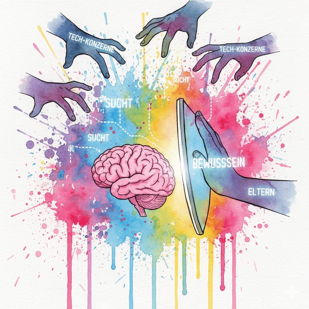 Eine Elternhand schützt ein Kinder-Gehirn vor der "Sucht"-Programmierung durch Tech-Konzerne. Symbol für bewusste Medienerziehung.