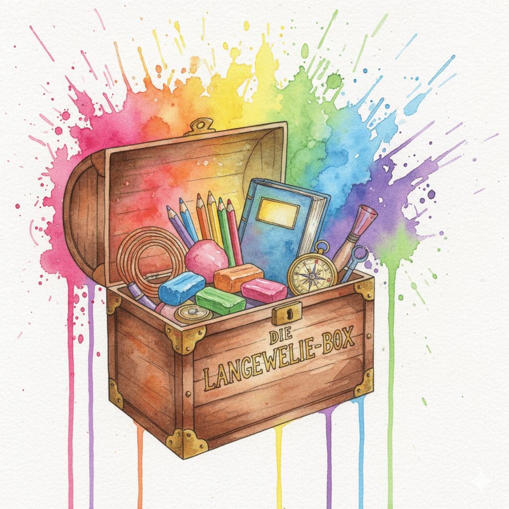 Eine magische "Langeweile-Box" voller analoger Werkzeuge (Stifte, Knete, Buch). Symbol für die gesunde Alternative zur digitalen Sucht.