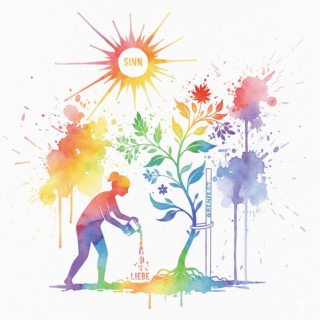 Ein Elternteil als Gärtner, der die Wurzeln (Liebe) gießt und für Halt (Grenzen) sorgt. Symbol für eine Erziehung, die Schöpfer fördert.