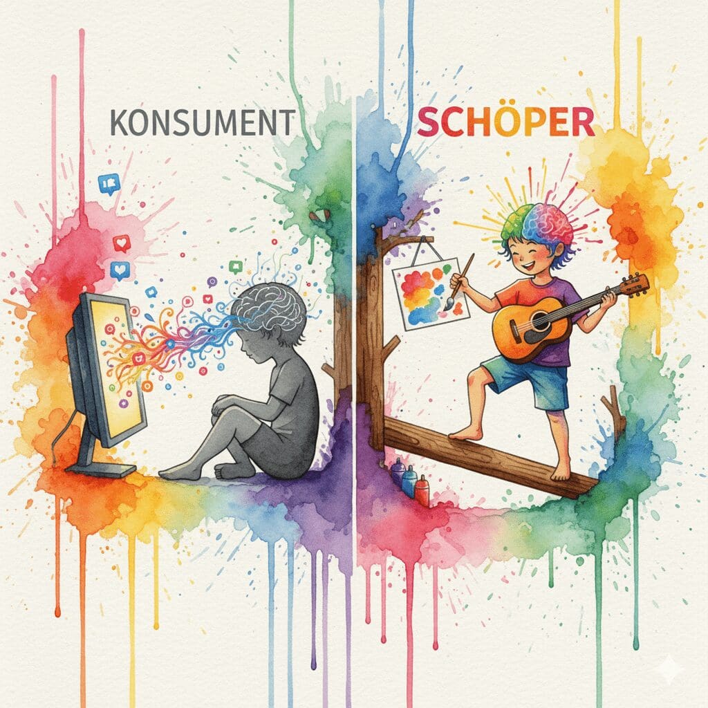 Geteiltes Bild: Links ein passives "Konsumenten"-Kind vor einem Bildschirm. Rechts ein aktives "Schöpfer"-Kind, das baut. Symbol für das Eltern-Manifest.