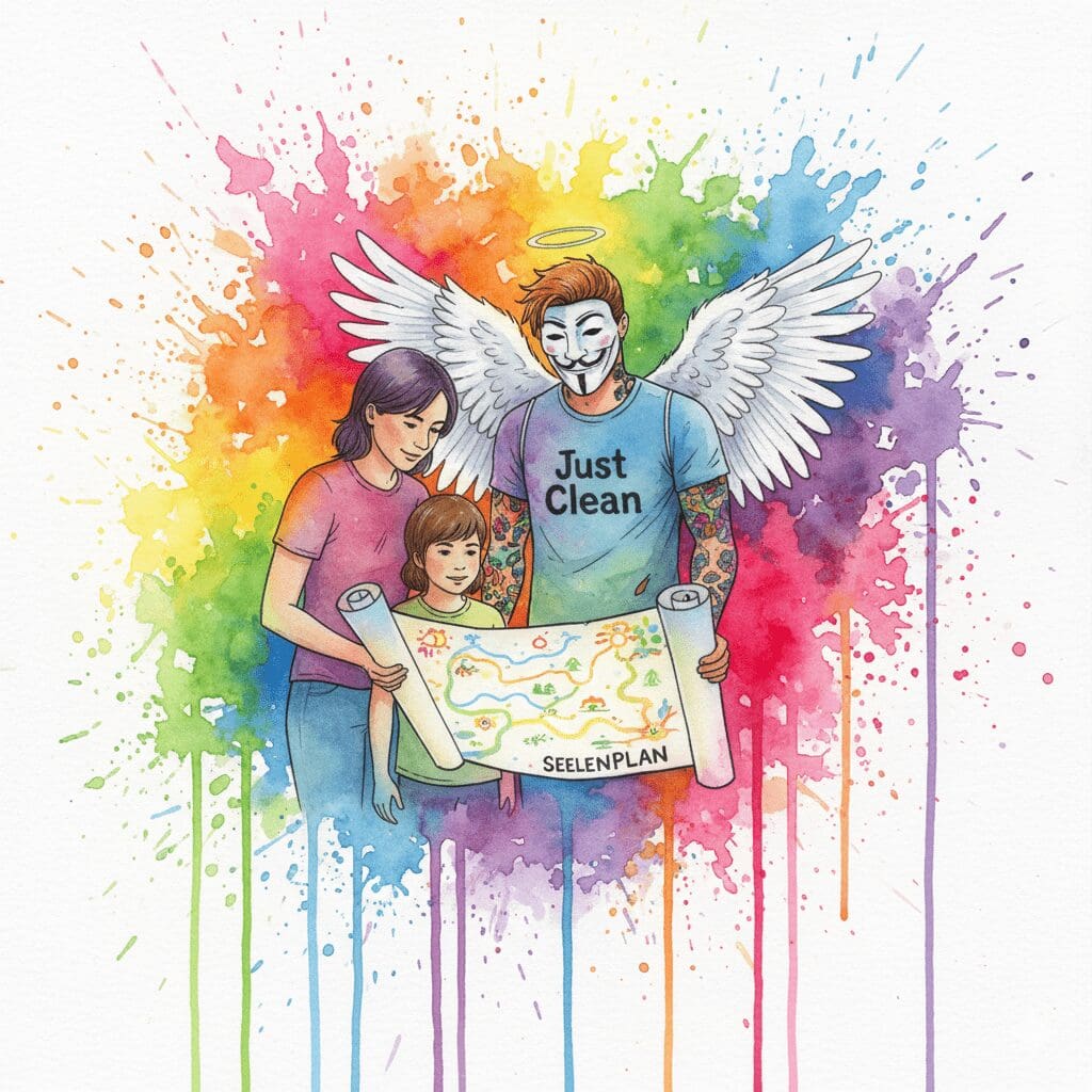 NeelixberliN, Eltern und Kind blicken auf eine leuchtende Landkarte ("Seelenplan"). Symbol für das Vertrauen in das Potenzial des Kindes.