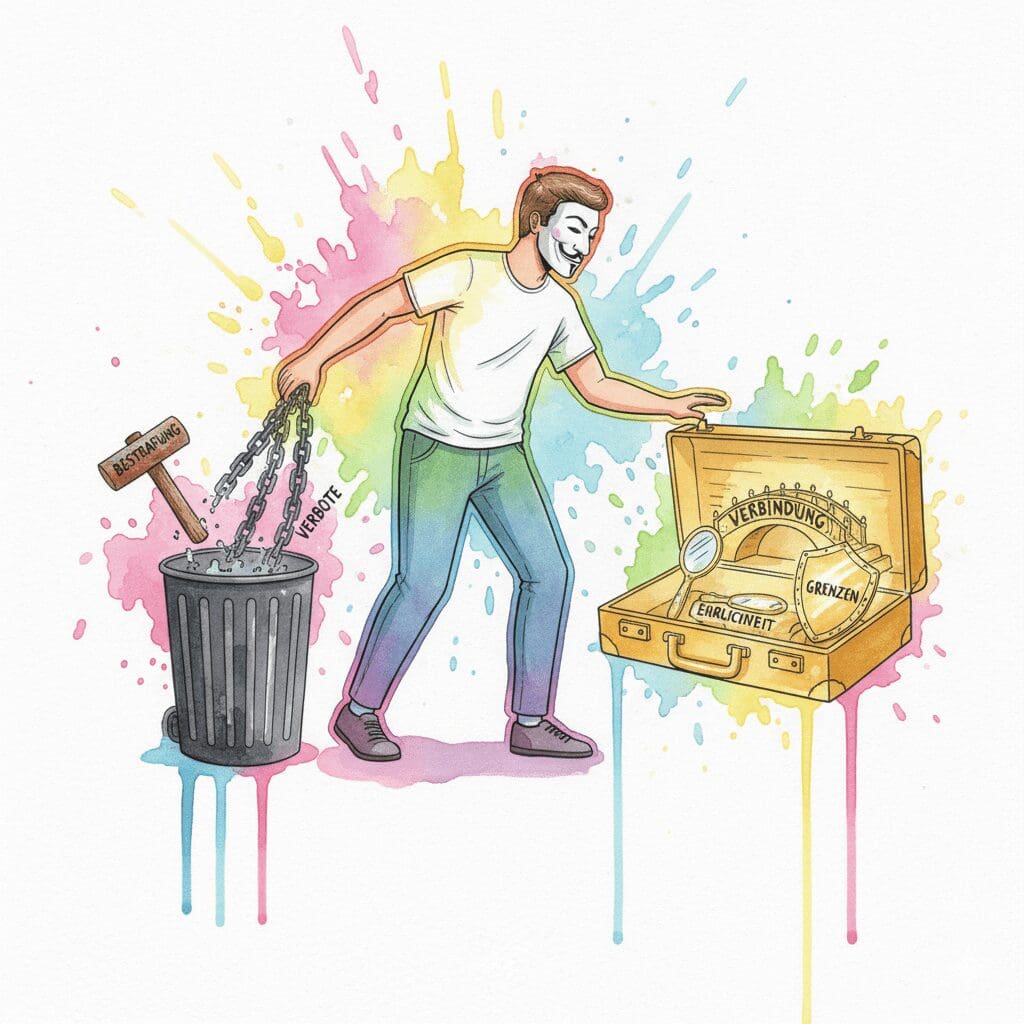 Ein Elternteil tauscht Bestrafungswerkzeuge gegen Verbindungswerkzeuge aus. Symbol für den neuen Erziehungsansatz bei digitaler Sucht.