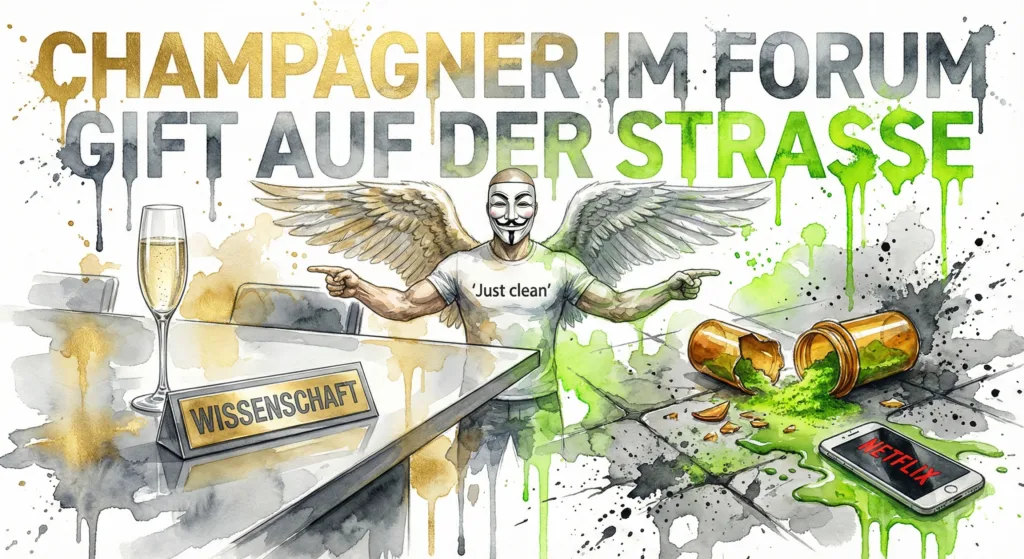 Titelbild 'Drogenpolitik-Kritik'. NeelixberliN zeigt den Kontrast: Links Champagner auf dem Politik-Forum, rechts gestreckte Drogen auf der Straße."