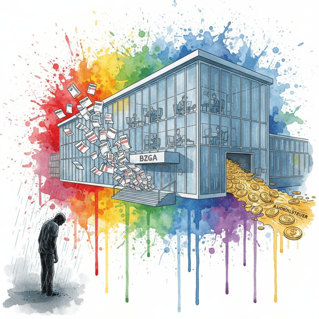 Ein Regierungsgebäude druckt Warnbroschüren, während es im Keller Alkoholsteuern kassiert. Symbol für die staatliche Doppelmoral.