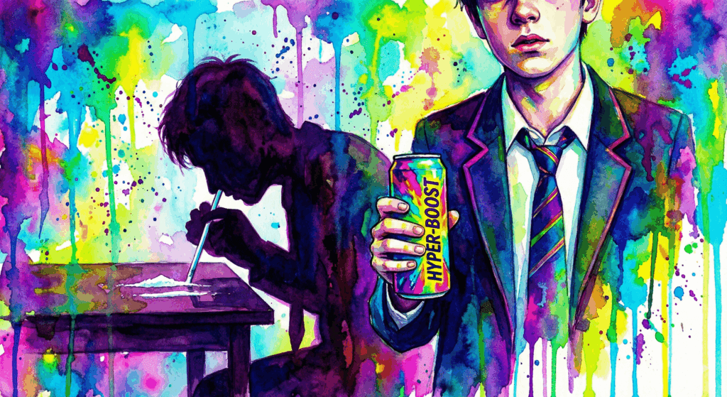 Ein Kind mit Energy Drink wirft den Schatten eines Kokain-Konsumenten. Symbol für die Konditionierung auf Suchtmittel.