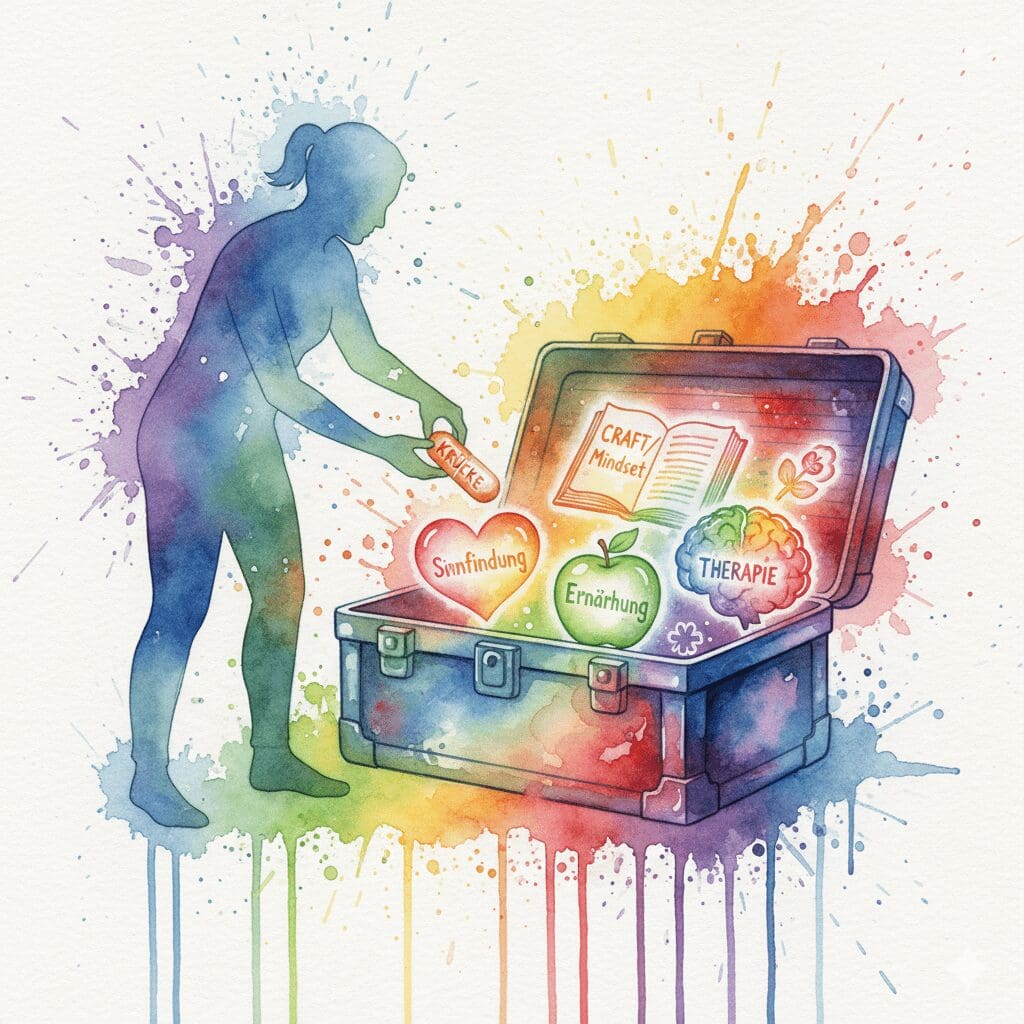 Eine Pille wird als kleines Werkzeug in einen großen Hilfekasten mit Mindset-, Therapie- und Ernährungs-Symbolen gelegt. Symbol für einen ganzheitlichen Ansatz.